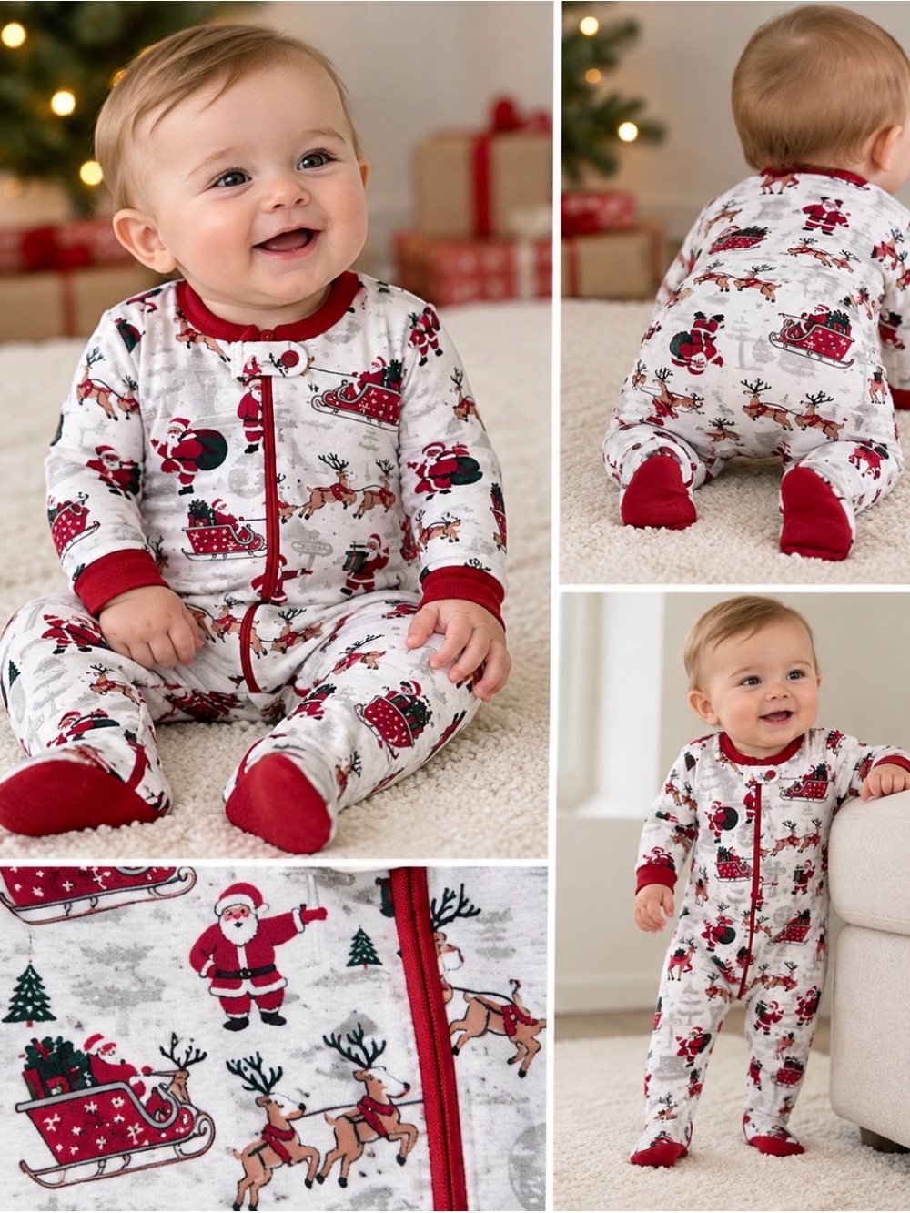 PJ Place Baby Christmas Footed Sleeper 3-6 Months Santa Reindeer Holiday Pajamas